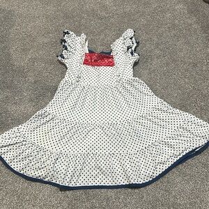 Cheeky Plum White Dress with blue‎ polka dots and red lace 4th of July dress 5T